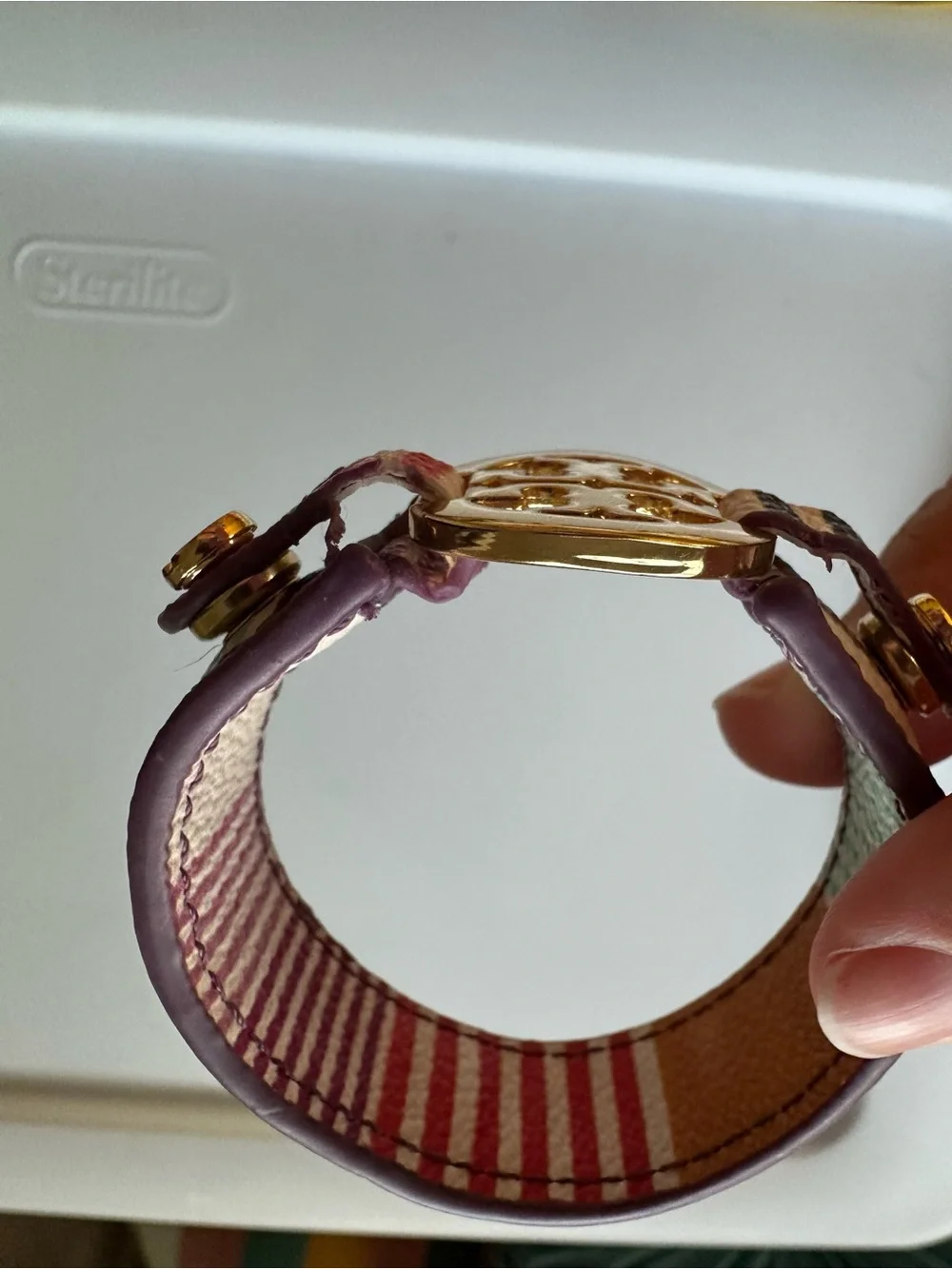 Tory Burch Striped Leather Cuff with Gold Logo